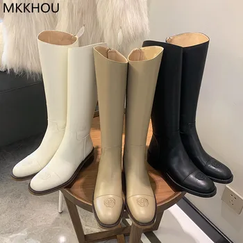 MKKHOU/Модные женские сапоги до колена, Новые высококачественные бархатные теплые сапоги на среднем каблуке с камелией и круглым носком, зимние прямые сапоги