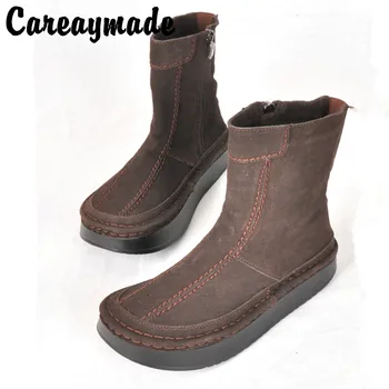 Careaymade-Модная новая женская обувь, короткие ботинки из натуральной кожи и Нубука, Повседневные женские ботинки, нескользящая обувь на толстой подошве, облегающая фигуру