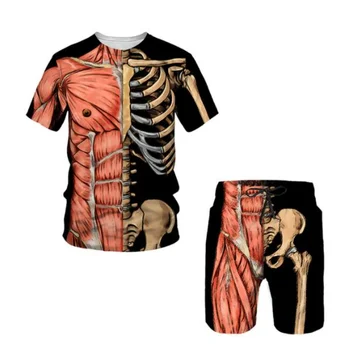 Мужской костюм с 3D принтом скелета и черепа, летняя футболка с коротким рукавом + шорты, комплект из 2 предметов, повседневная спортивная одежда, костюм для косплея на Хэллоуин