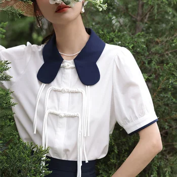 Новая рубашка с кукольным воротником в китайском стиле и кисточками 2023, Новый женский контрастный летний белый топ с лягушачьим дизайном и коротким рукавом