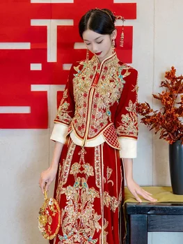 Свадебное платье с пайетками, расшитое бисером, Велюровая одежда для Тостов Чонсам в Китайском стиле