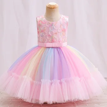 Летнее Элегантное платье принцессы LZH для девочек, сетчатое платье без рукавов с цветочным рисунком, детское праздничное платье на 1 день Рождения, Вечерние платья BHall