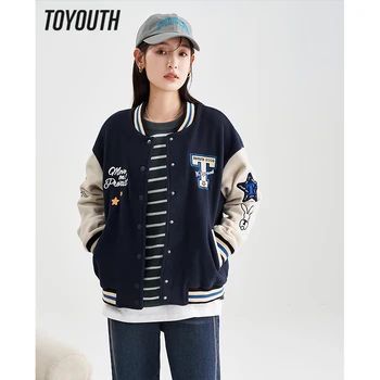 Toyouth/ Женские бейсбольные куртки, Униформа 2022, Зимнее Свободное пальто с длинным рукавом, Контрастная вышивка, Теплая шикарная куртка в элегантном стиле