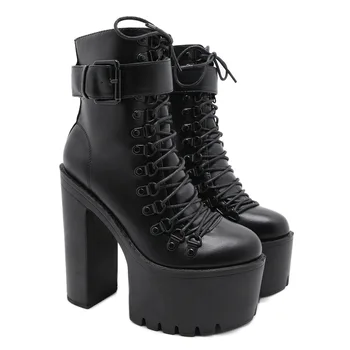 Новые зимние модные мотоциклетные ботинки на платформе и каблуке, женские кожаные Весенне-осенние туфли на высоком каблуке с металлической пряжкой, черные ботильоны