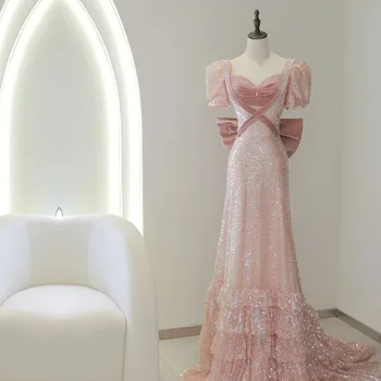 Розовые Вечерние платья с пышными рукавами Трапециевидной Формы, Аппликация из блесток и банта, Бисероплетение, Женское вечернее платье Vestidos