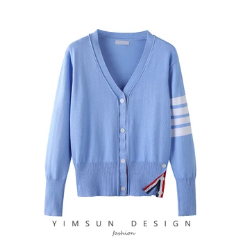 Ранняя осень 2021, новый TBB, тонкий синий вязаный кардиган с V-образным вырезом, свитер, тонкая универсальная рубашка с кондиционером, куртка, женская одежда