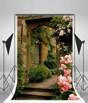 Фон для фотосъемки, Выветрившийся кирпичный дом, Зеленая виноградная лоза, цветущие цветы, природа
