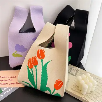 Женская сумочка ручной вязки, Мини-сумка на запястье с узлом, Женская Повседневная цветная сумка в широкую полоску, Студенческая сумка для покупок Многоразового использования