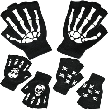 Светящиеся перчатки без пальцев со скелетом Для мужчин, женщин, подростков, Зимние перчатки со скелетом и черепом для Велоспорта, Пеших прогулок, Вязаные черные перчатки в готическом стиле