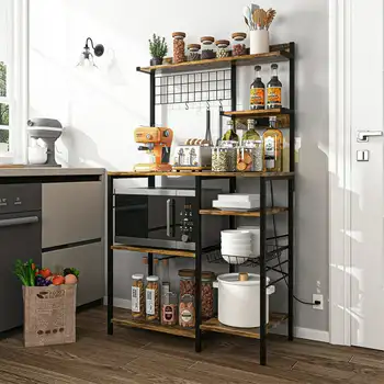 Многоцелевой кухонный стеллаж для хранения, Кухонная стойка для выпечки с розеткой, Подставка для хранения, Кофейная станция, коричневый в деревенском стиле