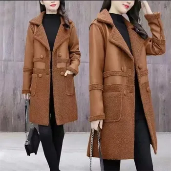 Новая зимняя куртка Женская, Свободное пальто средней длины, Утепленное бархатом, Носите с обеих сторон, Соединяйте вместе Кожаную одежду, Пальто для женщин