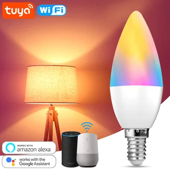 Tuya Smart E14 Светодиодная Лампа 8 Вт RGB + CW + WW WiFi Лампа Со Сменными Огнями 220 В Голосовое Управление с Регулируемой Яркостью Работа С Alexa Google Home