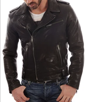 Мужская мотоциклетная куртка из натуральной овечьей кожи, черная приталенная байкерская куртка, мужская одежда