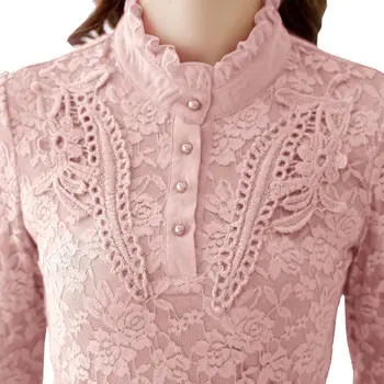 S-5XL Утолщенная кружевная нижняя блузка Женская Весенняя Новая мода Тонкий Темперамент Воротник-стойка Нижняя рубашка Верхняя рубашка
