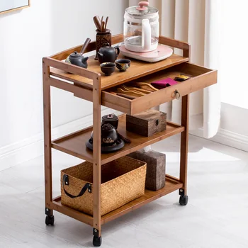 Твердая древесина 3 уровня, выступающей полкой стол ящик с колесами кухня хранения корзина корзина баре вино, чай сервировочный столик тележка