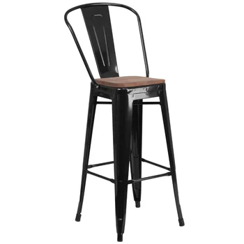 Flash Furniture Lily 30-дюймовый черный металлический барный стул со спинкой и деревянным сиденьем