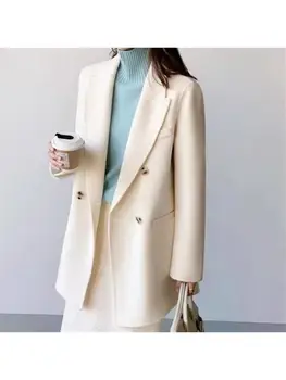 2023 Осенне-зимние Двубортные Короткие женские пальто из 100% шерсти, Элегантный воротник для пригородного костюма, Свободные черные шерстяные куртки