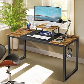 Easyfashion Промышленный компьютерный стол с подставкой для монитора, коричневый/черный в деревенском стиле, компьютерный стол, игровой стол, офисная мебель