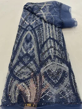 Роскошная Тяжелая Кружевная ткань с кристаллами Ручной работы, бисер, вышивка Пайетками, Африканский кружевной материал Для свадебных платьев RF75K
