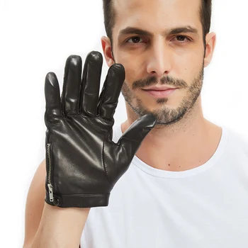 Мужские Перчатки из Цельной итальянской кожи Черного Цвета с боковой Пуговицей и Молнией