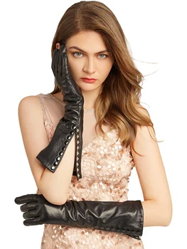 Женские итальянские перчатки из натуральной овечьей кожи, зимние теплые перчатки до локтя черного цвета с пуговицами