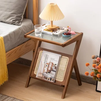 Маленький журнальный столик, новая гостиная, творческий уголок, прикроватная тумбочка, стеклянная кромка, плетеный из ротанга легкий роскошный современный маленький столик