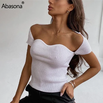Белые футболки Abasona Для Женщин, Лето 2023, Уличная Одежда, Короткий Вязаный Корсетный Топ с Квадратным вырезом