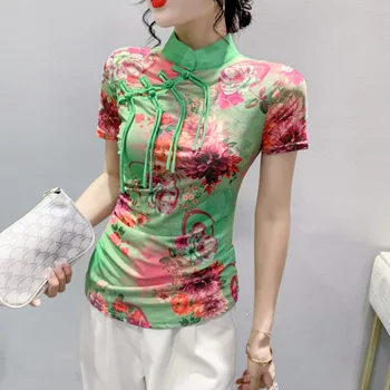 #6375 Сетчатая футболка с цветочным принтом, женская футболка с коротким рукавом и цветочным принтом, облегающая футболка с воротником-стойкой, винтажный китайский стиль