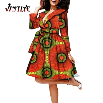 Африканские женские платья Дашики Анкара, Модное Платье-рубашка с принтом, Сексуальные Платья для девочек с V-образным вырезом и Поясом, Нигерийская Одежда WY7538