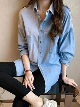 Осень /зима 2023, Новая синяя джинсовая рубашка, Женская Винтажная Дизайнерская Свободная многослойная джинсовая рубашка, Модные блузки