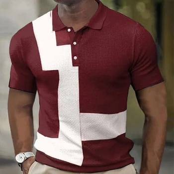 Поло, Новые мужские повседневные рубашки поло в цветном блоке, блузка с отложным воротником и пуговицами, мужские летние футболки с коротким рукавом