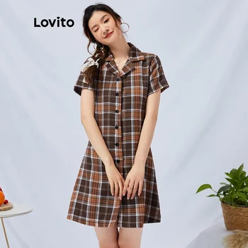 Женское повседневное платье Lovito с воротником в клетку в стиле опрятности L11D19 (коричневый)