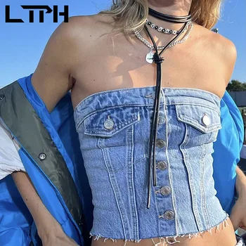 LTPH сексуальная уличная джинсовая майка, женские винтажные повседневные корсетные топы, однобортный облегающий камзол без рукавов, новинка лета 2023