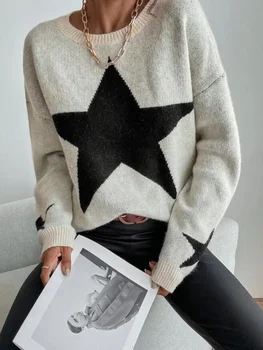 Женский свитер с открытыми плечами и рисунком звезды на осень-зиму для девочек
