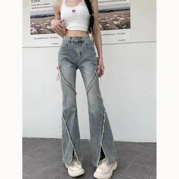 Винтажные джинсы Y2K с неправильным разрезом, расклешенные брюки с высокой талией и завязками, женские