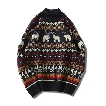 Унисекс, свитер с Рождественским принтом Оленя, Модный мужской свитер, свитер с высоким воротом, трикотаж, уличная одежда, винтажный свитер