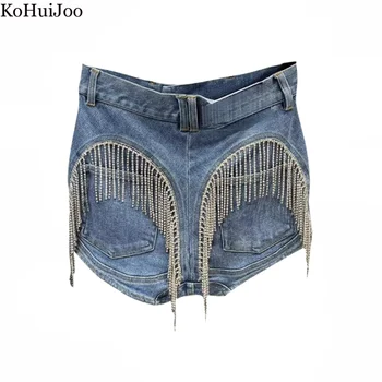 Kohuijoo Fashion 2023, Летние джинсовые шорты с высокой талией и бриллиантами, женские Уличные модные джинсовые шорты с тяжелыми кисточками, Светло-голубые