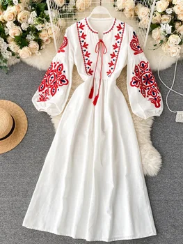 Женские осенние платья в Богемном стиле с цветочной вышивкой, круглым вырезом, рукавом-фонариком, плиссированное платье с высокой талией, универсальное женское платье PL393