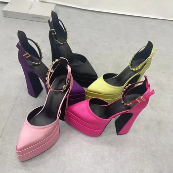 Брендовые Дизайнерские женские туфли-лодочки Из Роскошной атласной ткани с хрустальной пряжкой, Весенне-летняя Женская обувь для вечеринок, Женские сандалии на высоком каблуке с круглым носком