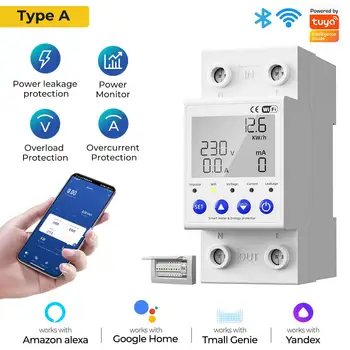 Умный автоматический выключатель Tuya WiFi, защита от утечки, Однофазный монитор напряжения, Измеритель мощности Для Alexa Google Home