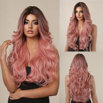 HAIRCUBE Длинные Волнистые Коричнево-розовые Синтетические парики Омбре для женщин афро, Натуральные Вьющиеся волосы, Кружевные Парики для ежедневного Косплея, термостойкие
