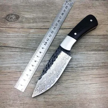 Кованая дамасская сталь ручной работы, охотничий нож с рисунком из дамасской стали, фиксированный нож, эбонитовая ручка, упаковка первого слоя